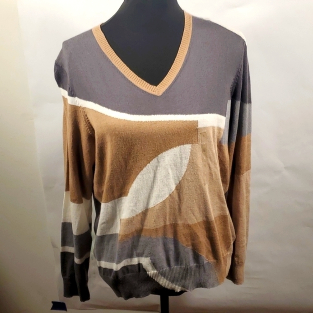 Liz Claiborne Color block Brown & Gray V neckline Soft Sweater Size Larg…